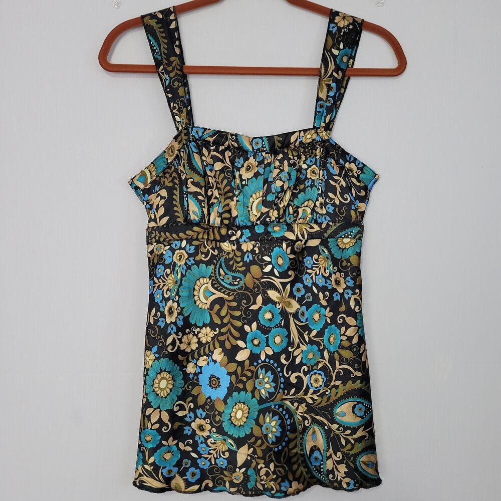 Vintage Y2K Floral Sleeveless Satin Babydoll Top size S Brown Teal Fairy Grunge